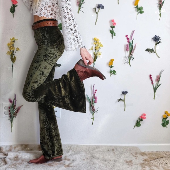Olive Green Crushed Velvet Bell Bottom Flare Pants - Picture 7 of 12
